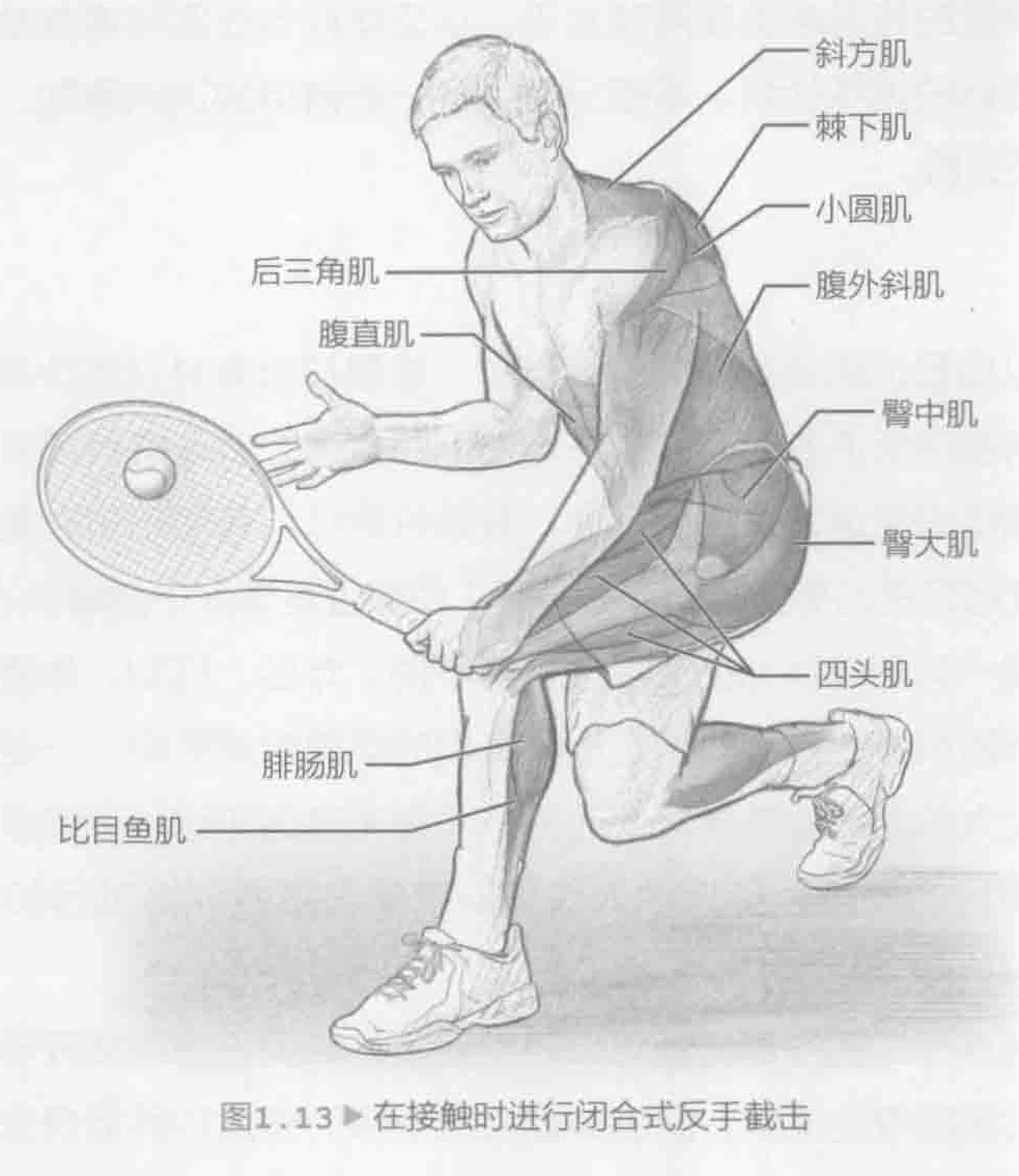 图1.13 在接触时进行闭合式反手截击
